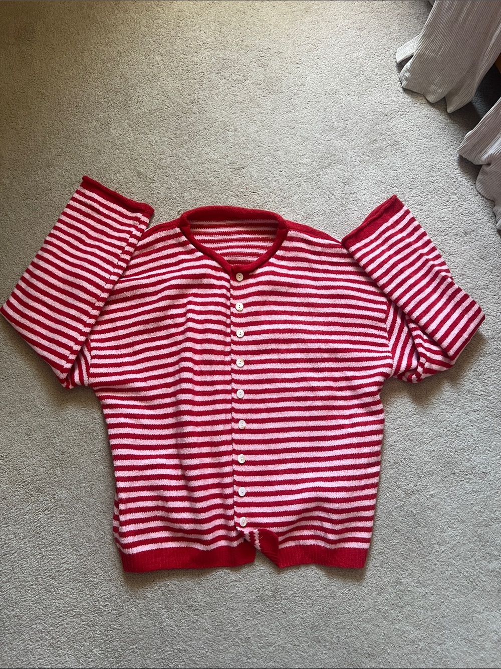 Red & White Striped Button-Up Cardigan